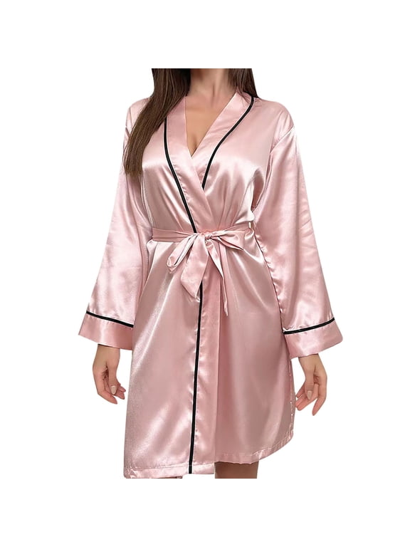 Loungewear Robe for Women Long Length Solid Color Loose Fit Warm Bathrobe Casual Sleepwear Pink,M