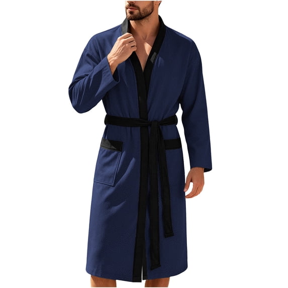 fheaev Men'S Color Blocked Robe Home Strap Large Long Sleeve Long with Velvet Bathrobe Pajama Sleepwear with Tie Waist Navy,L