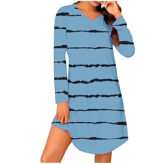 fheaev Nightgowns for Women Long Sleeve Sleep Shirts V-Neck Nightshirts Soft Sleep Dress Oversized Sleepwear Knee Length T-Shirt Dress Loose House Dresses