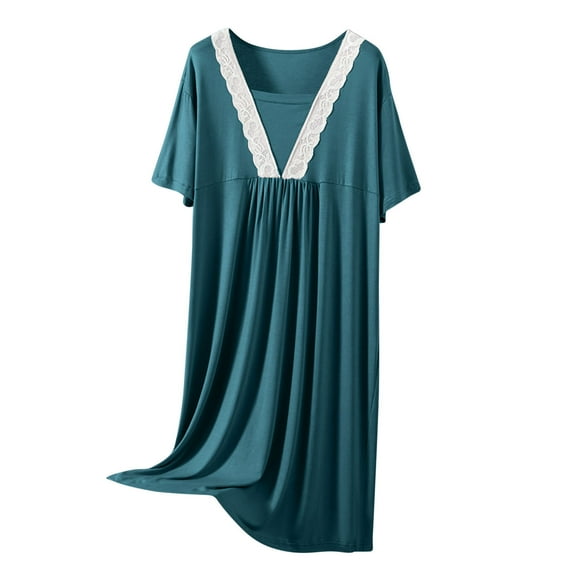 fheaev Nightgowns For Women Pleated Short Sleeve Sleep Shirts Solid Color Pajamas Large Round Neck Sleepwear Dress Loose Fit Sleepwear Pullover Night Shirt House Dresses Lounge Dress For Summer 2024