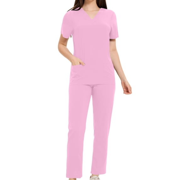 fheaev Nursing Uniforms Set for Women Stretch Short-Sleeved Solid Color V-Neck Top Loose And Ankle Length Pants with Pocket Nurse Workwear Clothes