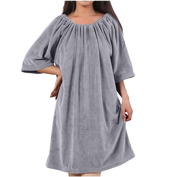 fheaev Off Shoulder Robe for Women Nightgown Winter Knee Length Soft Knit Solid Color Home Wear Bathrobe Dark Gray,Free Size