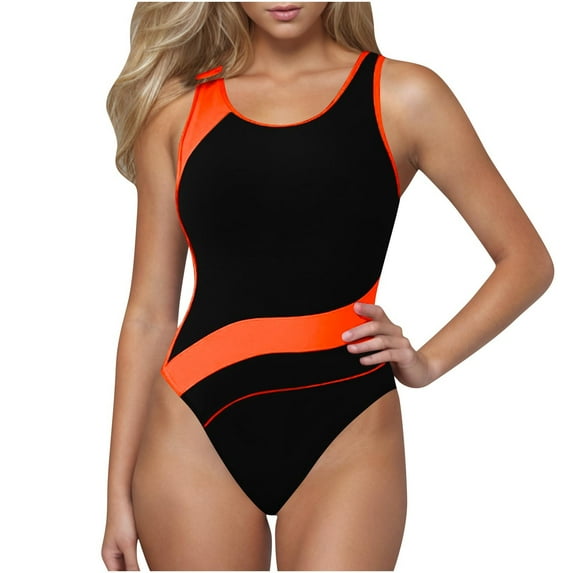 fheaev One Piece Swimsuit for women High Cut Bathing Suits Color Block Print Backless V Neck Modest Athletic Training Sporty Swimwear