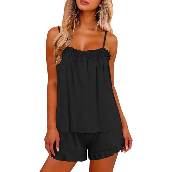 fheaev Pajama Set for Women Ruffle Trim Adjustable Spaghetti Strap Cami And Drawstring Waist Shorts Sleepwear L Black