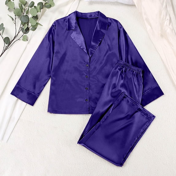 fheaev Pajamas Set For Women Large Size Casual Soft Pajama Set Long Sleeve Thin Shirt Blouse Top Pajama Pants Sets Luxurious Sleepwear Sets Two-Piece Silk Pjs Sets For Nightwear