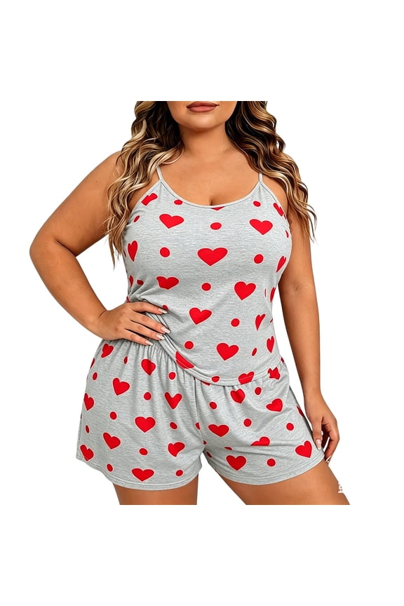 Plus Size Pajama Set for Women 2 Piece Cute Heart Print Cami Top And Elastic Waist Shorts Pjs Sleepwear XL Wine