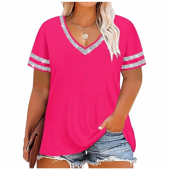 fheaev Plus Size Summer Tops for Women Solid Color V-Neck Short Sleeve Regular Fit Casual T-Shirts