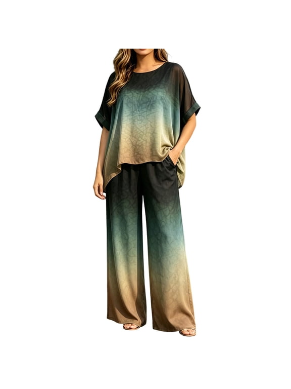Plus-Size Two Piece Set for Women Gradient Five-Sleeve Top Wide Leg Pants with Pockets Summer Vacation Outfit Green,S