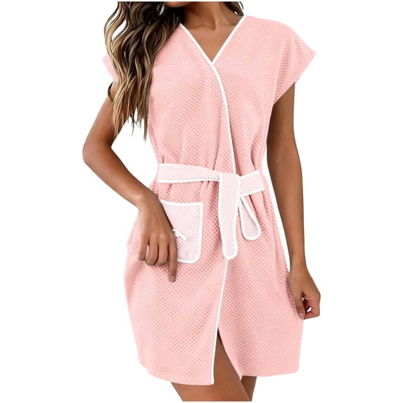 fheaev Plush Robe for Women Above Knee Quick Dry Absorbent Cotton Sleepwear Bathrobe with Pockets Home Wearing Pink,Free Size