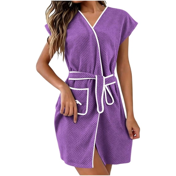 fheaev Plush Robe for Women Above Knee Quick Dry Absorbent Cotton Sleepwear Bathrobe with Pockets Home Wearing Purple,Free Size