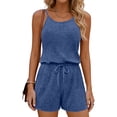 thumbnail image 1 of fheaev Ribbed Knit Romper for Women Spaghetti Strap Drawstring Sleeveless Drawstring Soft Loose Fit Summer Shorts Blue 2XL, 1 of 5