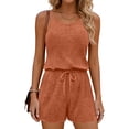thumbnail image 1 of fheaev Ribbed Knit Romper for Women Spaghetti Strap Drawstring Sleeveless Drawstring Soft Loose Fit Summer Shorts Brown S, 1 of 5