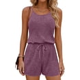thumbnail image 1 of fheaev Ribbed Knit Romper for Women Spaghetti Strap Drawstring Sleeveless Drawstring Soft Loose Fit Summer Shorts Purple M, 1 of 5