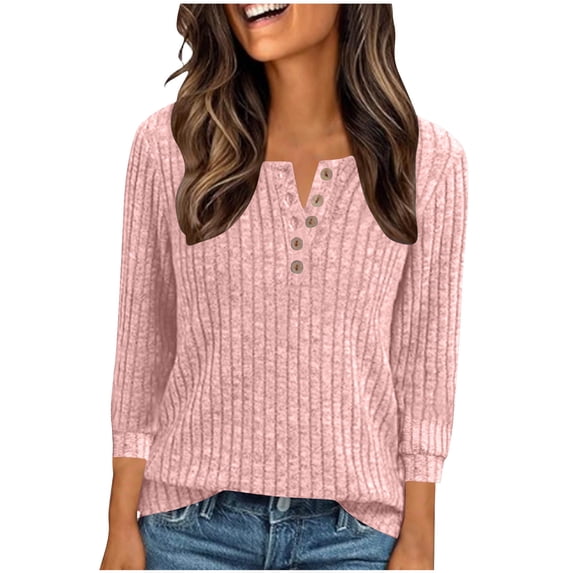fheaev Ribbed Knit Tunic Shirts for Women Scoop Neck 3/4 Sleeve Button Down Tops Casual Henley Tee Shirt Pullover Knitted Striped Sweaters Loose Fit Blouses
