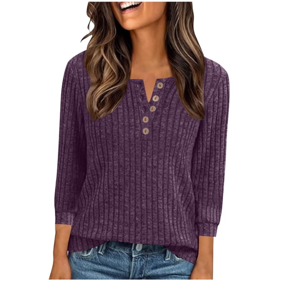 fheaev Ribbed Knit Tunic Shirts for Women Scoop Neck 3/4 Sleeve Button Down Tops Casual Henley Tee Shirt Pullover Knitted Striped Sweaters Loose Fit Blouses
