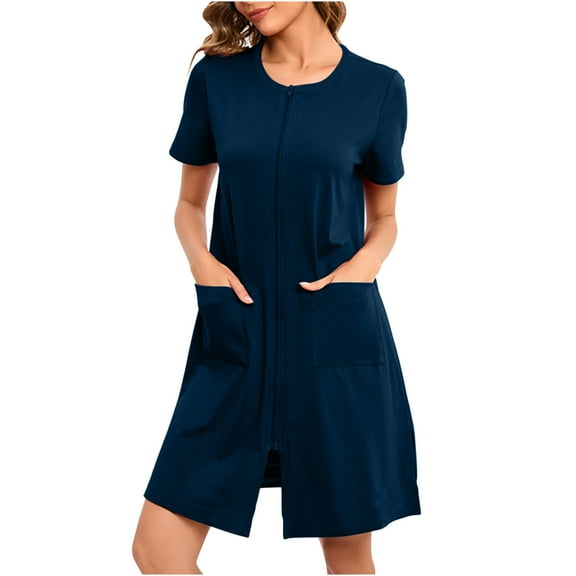 fheaev Zipper Front Robes for Women Short Sleeves Loungewear Dress Knee Length Sleepwear with Pockets Housecoat Nightgown Long Bathrobe Loose Pajamas House Coat