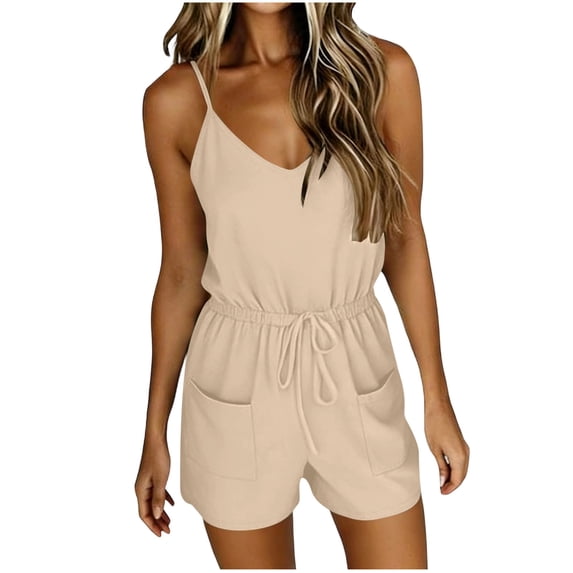 fheaev Romper for Women Summer Casual Lace-Up Sleeveless Spaghetti Strap Round Neck Loose Fit Shorts with Pockets Beige S