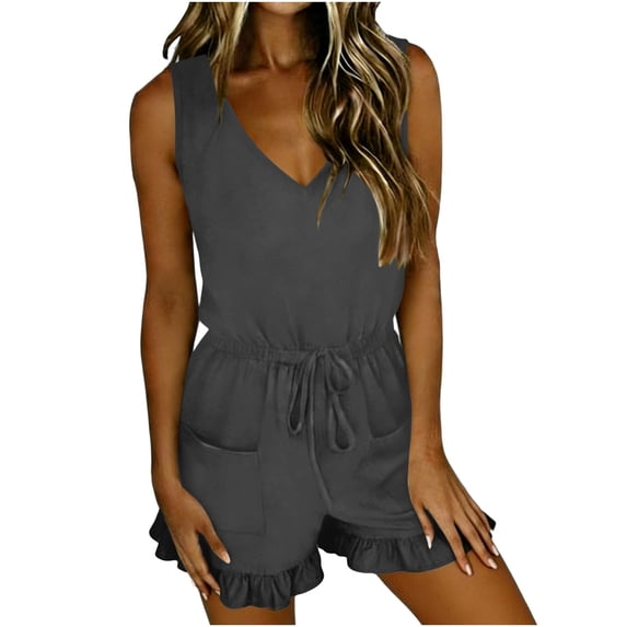 fheaev Romper for Women Summer Casual Lace-Up Sleeveless Spaghetti Strap Round Neck Loose Fit Shorts with Pockets Gray 2XL