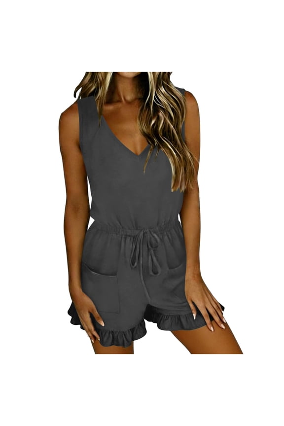 Romper for Women Summer Casual Lace-Up Sleeveless Spaghetti Strap Round Neck Loose Fit Shorts with Pockets Gray S