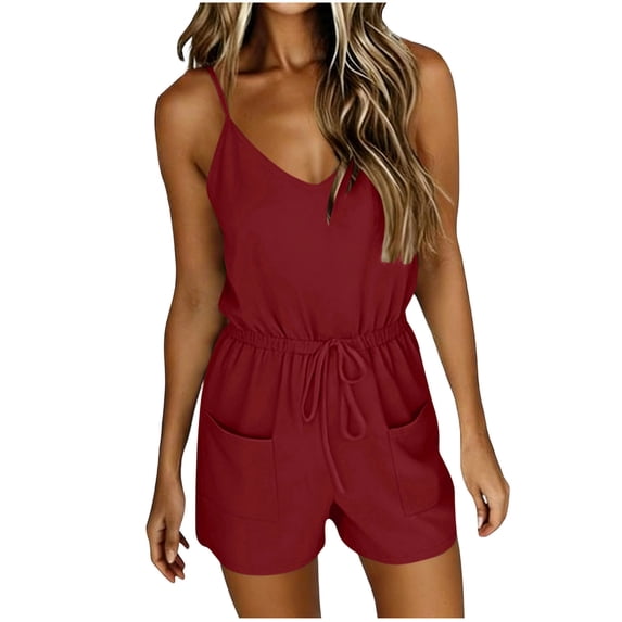 fheaev Romper for Women Summer Casual Lace-Up Sleeveless Spaghetti Strap Round Neck Loose Fit Shorts with Pockets Wine S