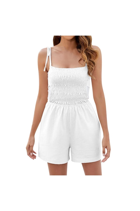 Romper for Women Tie Strap Backless Loose Fit Sleeveless with Pockets Summer Beach Outfits White M