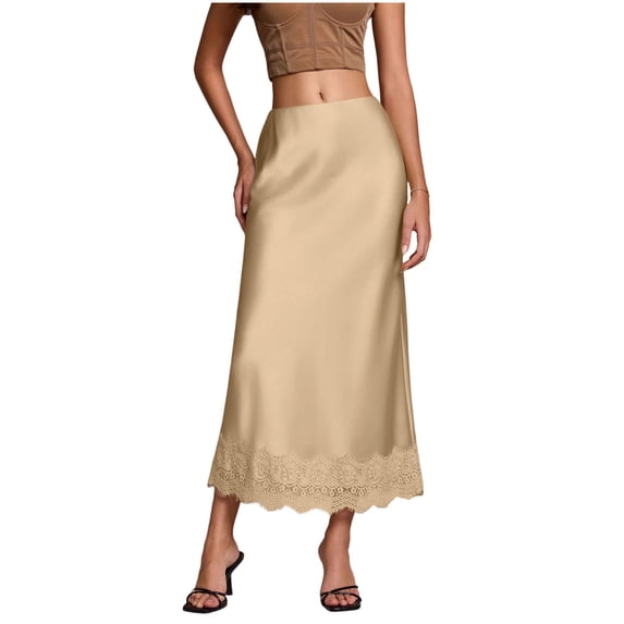 fheaev Satin Silk Skirts for Women Ankle Length High Waist Elasticized A-Line Flowy Elegant Skirt Cocktail Party Wear