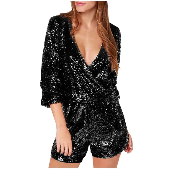 fheaev Sequin Romper for Women Deep V Neck Short Sleeve Loose Fit Clubwear Party Dressy Shorts Black S