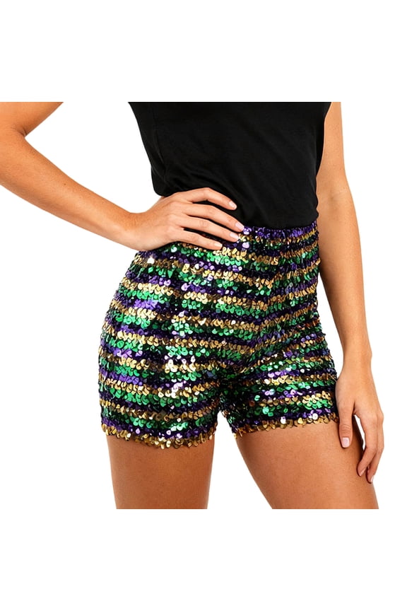Sequin Shorts for Women Christmas Carnival Glitter Elastic Waistband Slim Low-Waist Shorts Solid Color Straight Leg Hotpants Bottom for Party Club Concert