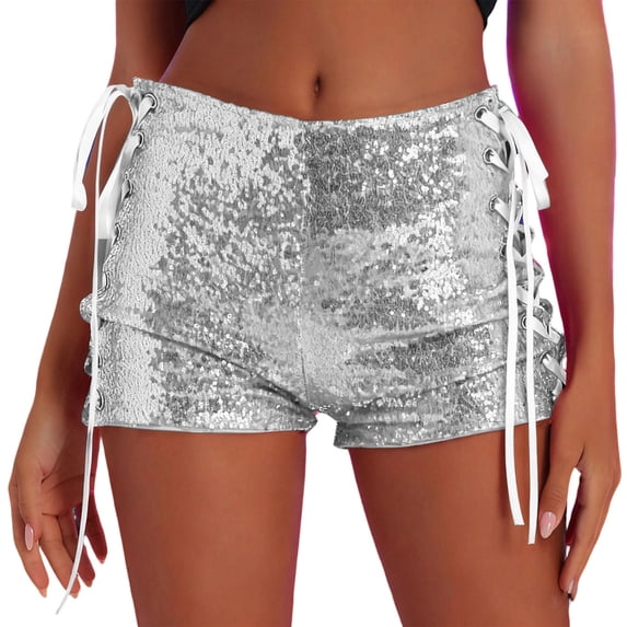 fheaev Sequin Shorts for Women High Elastic Waist Shorts Solid Color Strap Hollow Lace Up Shorts Pants Straight Leg Hotpants Bottom for Party Club Concert