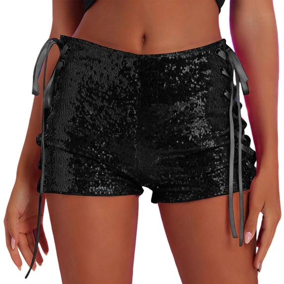 fheaev Sequin Shorts for Women High Elastic Waist Shorts Solid Color Strap Hollow Lace Up Shorts Pants Straight Leg Hotpants Bottom for Party Club Concert