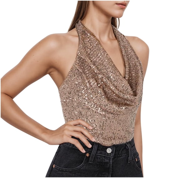 fheaev Sequin Tank Tops for Women Fashion Hanging Neck V Neck Sparkle Shimmer Sleeveless Vest Tanks Tops Casual Loose Fit Tunic Blouses Top Summer Outfits 2025