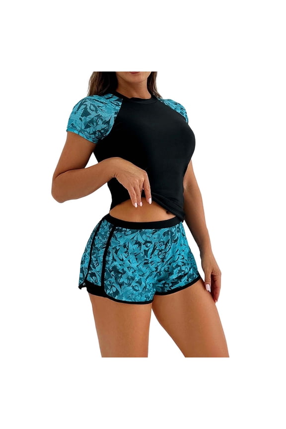 Short Sleeve Swimsuit for Women Swim Shirt with Boyshort Bottom High-Waisted Tankini Set Sports Outfit Summer Beach Conservative Split Swimwear