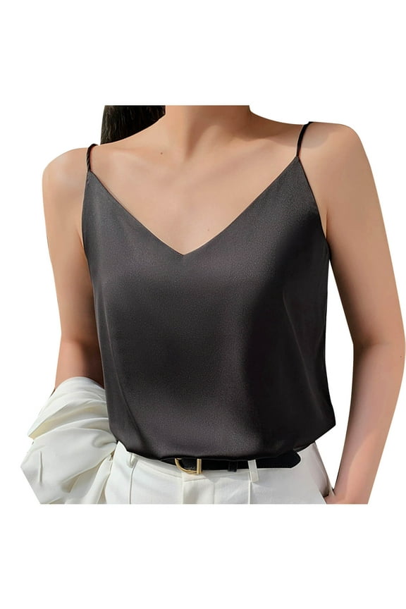 Silk Satin Camisole Tank Tops for Women Dressy V Neck Casual Cami Sleeveless Spaghetti Straps Loose Summer Basic Tank Shirt Blouses Tops