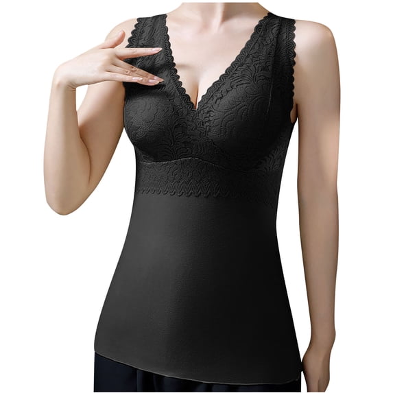 fheaev Slimming Tank Top for Women Plus Size V Neck Shaper Camisole Tops with Built in Bra Cushion Heating Warm Fleece Underwear Cami Vest Base Layer Vest Cold Weather