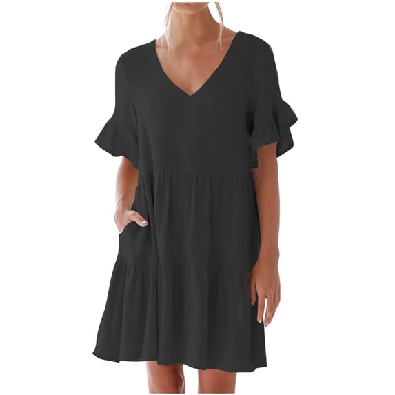 fheaev Summer Dresses For Women 2024 Casual V-Neck Ruffle Short Sleeve Sweet A-Line Tiered Flowy Mini Beach Dress With Pockets