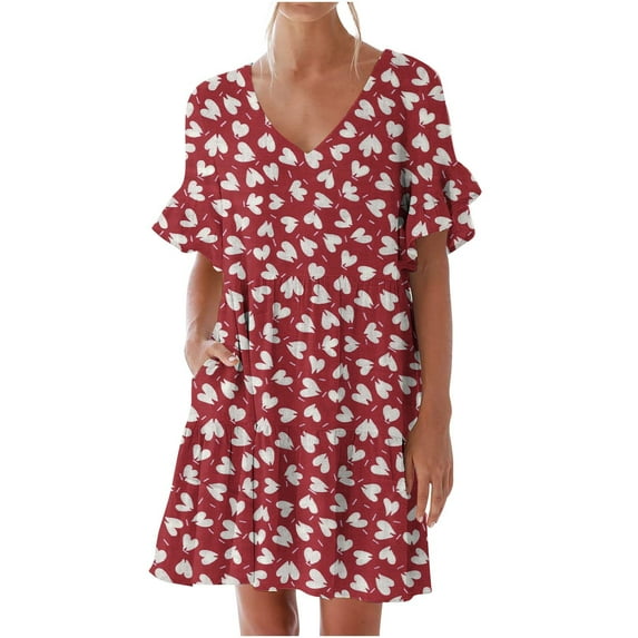 fheaev Summer Dresses For Women 2024 Casual V-Neck Ruffle Short Sleeve Sweet A-Line Tiered Flowy Mini Beach Dress With Pockets