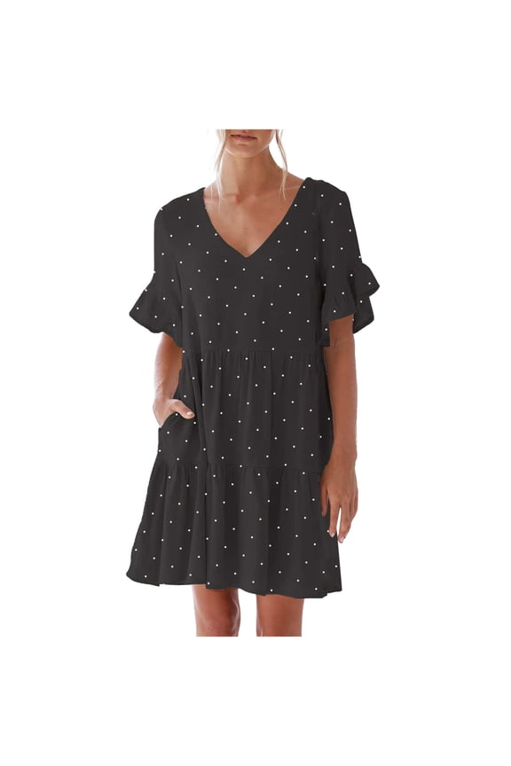 Summer Dresses For Women 2024 Casual V-Neck Ruffle Short Sleeve Sweet A-Line Tiered Mini Beach Dress With Pockets