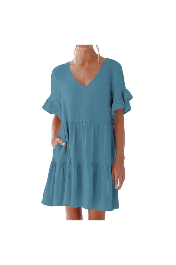 Summer Dresses For Women 2024 Casual V-Neck Ruffle Short Sleeve Sweet A-Line Tiered Flowy Mini Beach Dress With Pockets
