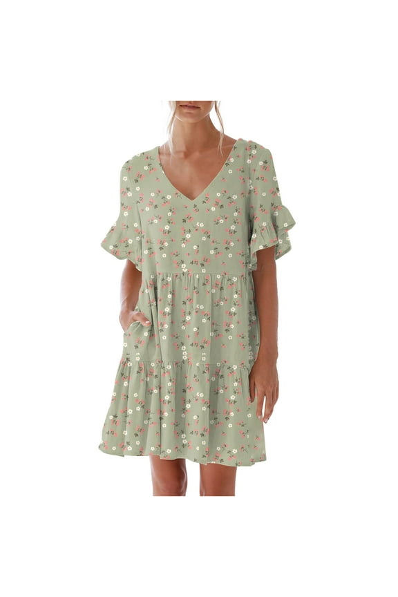 Summer Dresses For Women 2024 Casual V-Neck Ruffle Short Sleeve Sweet A-Line Tiered Flowy Mini Beach Dress With Pockets