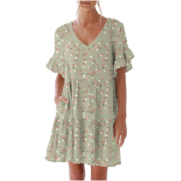 fheaev Summer Dresses For Women 2024 Casual V-Neck Ruffle Short Sleeve Sweet A-Line Tiered Flowy Mini Beach Dress With Pockets