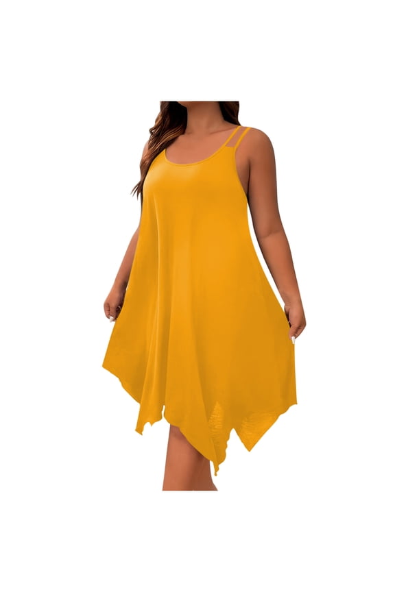 Summer Dresses for Women Casual Round Neck Sleeveless Spaghetti Strap Knee-Length Swing Dresses Beach Vacation Clothes Dresses