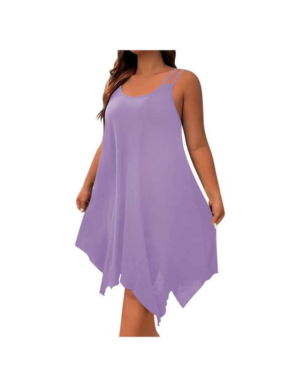 Summer Dresses for Women Casual Round Neck Sleeveless Spaghetti Strap Knee-Length Swing Dresses Beach Vacation Clothes Dresses