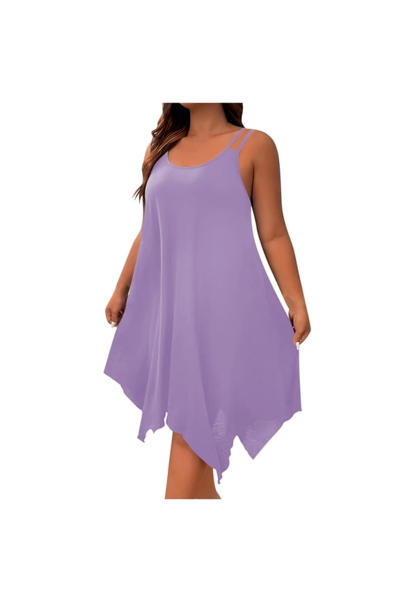 Summer Dresses for Women Casual Round Neck Sleeveless Spaghetti Strap Knee-Length Swing Dresses Beach Vacation Clothes Dresses