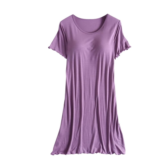 fheaev Nightgowns For Women Soft Comfy Sleepwear Dress Short Sleeve Solid Color Large Round Neck Loose Pullover Pleated Nightdress With Chest Pad Home Pajama Long Dress Summer Nightshirt For Women