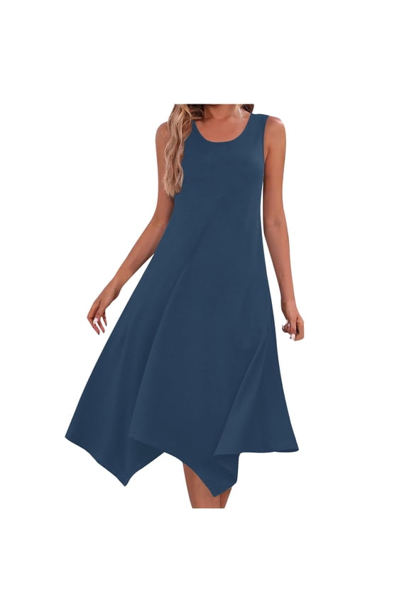 Summer Tank Dress for Women Casual Loose Sundress Long Dress Sleeveless Round Neck Below The Knee Dresses A Line Flowy Cover Up Beach Vacation Midi Dress