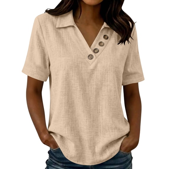 fheaev Summer Top for Women Button Collared Short Sleeve Loose Fit Lightweight Casual Blouse Khaki XL
