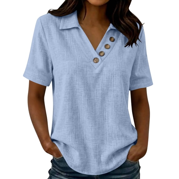 fheaev Summer Top for Women Button Collared Short Sleeve Loose Fit Lightweight Casual Blouse Light Blue XL