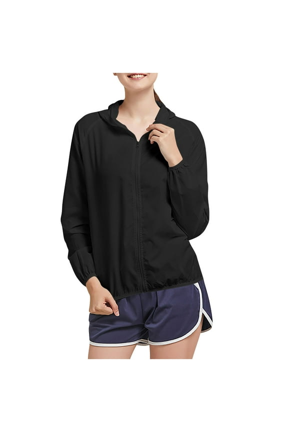 Sun Protection Hooded Jacket for Women Lightweight Long Sleeve Full Zip Sun Shirt Cycling Windbreaker Breathable Waterproof Sunscreen Outdoor Jacket for Hiking Travel