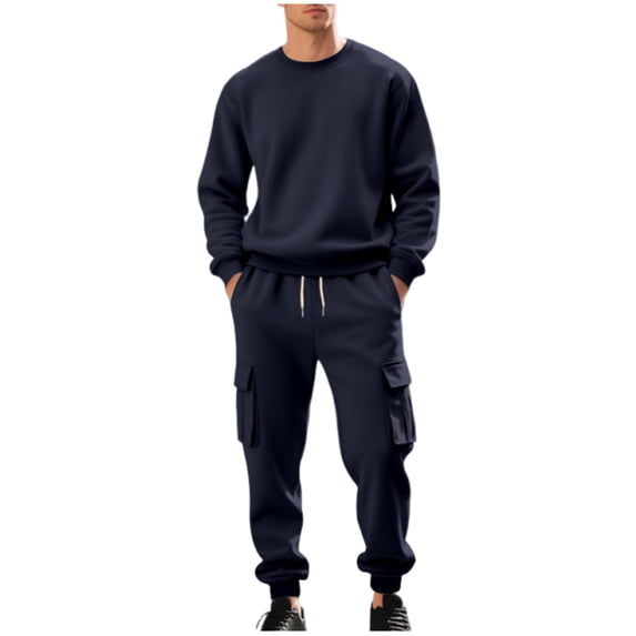 fheaev Sweat Suits for Men Fleece Lined Sweatshirt And Joggers Sets Casual Solid Color Round Neck Long Sleeve Pullover Blouses Top Drawstring Sweatpants with Pockets for Sports Lounging