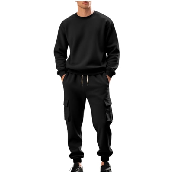 fheaev Sweat Suits for Men Fleece Lined Sweatshirt And Joggers Sets Casual Solid Color Round Neck Long Sleeve Pullover Blouses Top Drawstring Sweatpants with Pockets for Sports Lounging